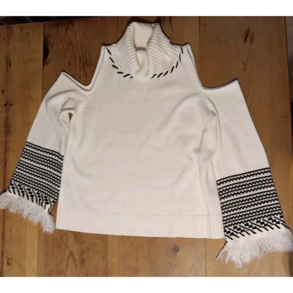 Venus Womens Plus 1x Cold Shoulder Turtleneck Sweater Bell Sleeve Fringe Cream - Picture 1 of 6